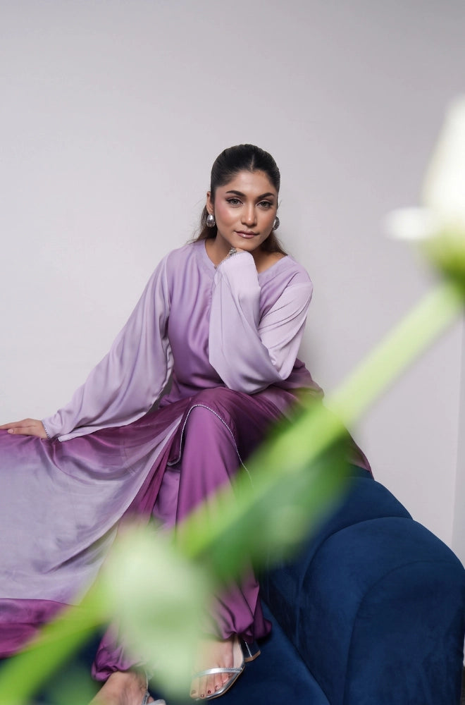 Faveza Aurelia stitched 3 piece silk suit for women with balloon shalwar and coordinated dupatta