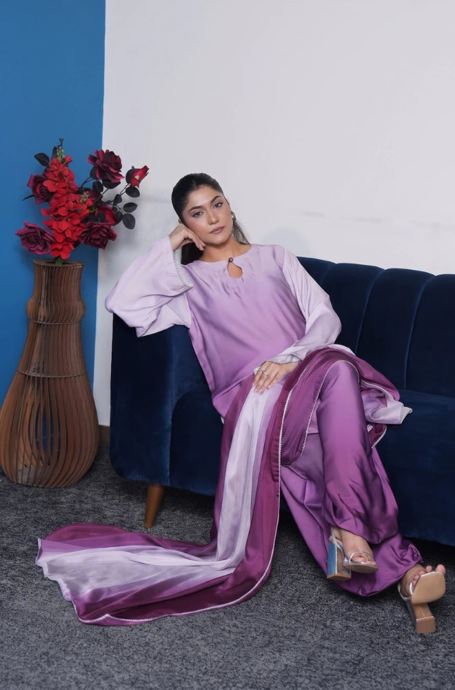 Faveza Aurelia stitched 3 piece silk suit for women with balloon shalwar and coordinated dupatta