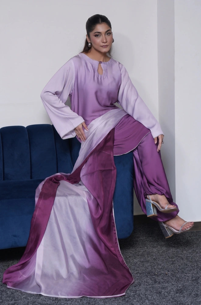Faveza Aurelia stitched 3 piece silk suit for women with balloon shalwar and coordinated dupatta