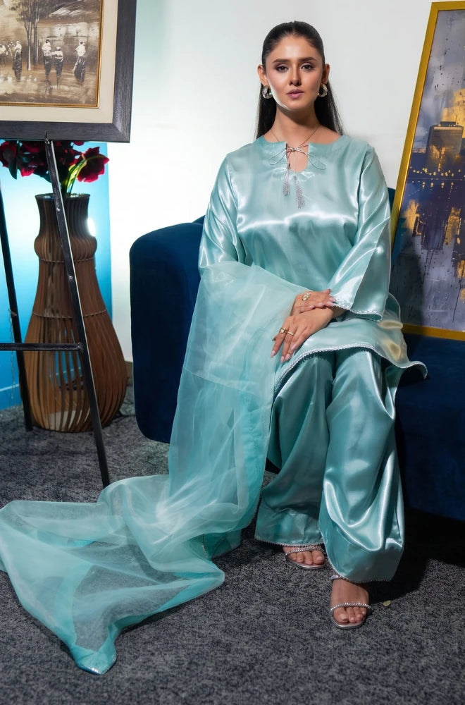 Faveza ready to wear raw silk suit for women in sky blue with matching dupatta.