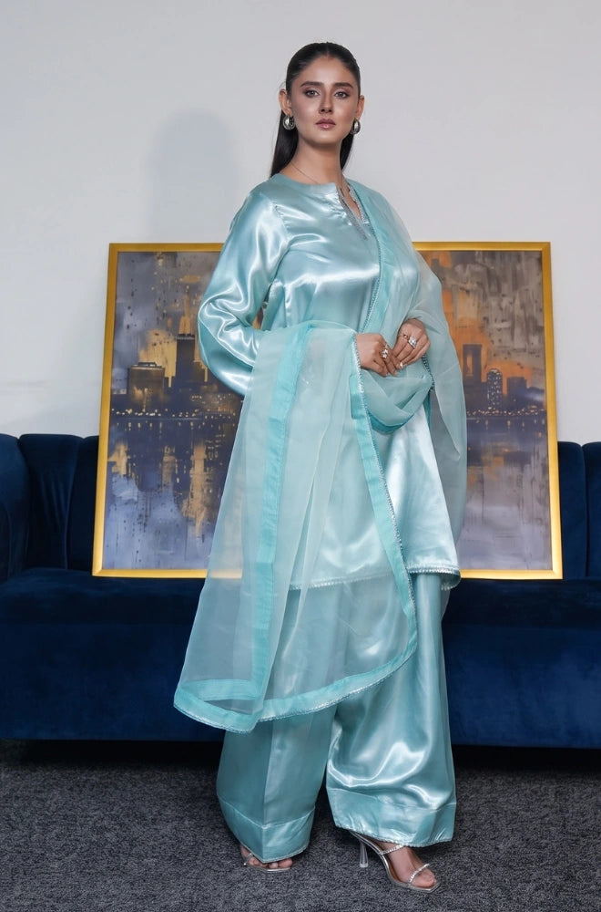 Faveza ready to wear raw silk suit for women in sky blue with matching dupatta.