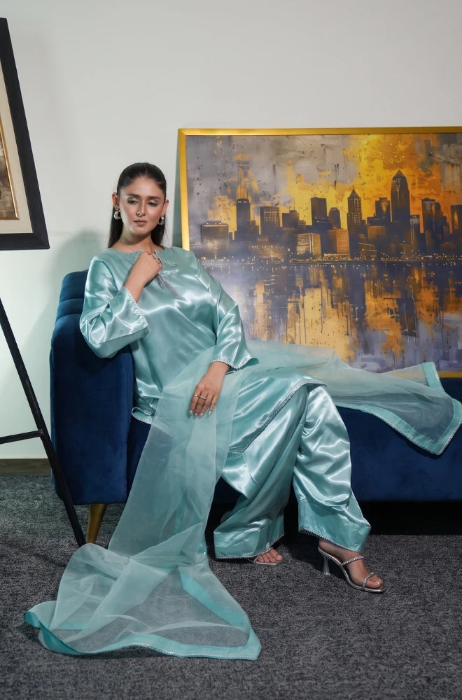 Faveza ready to wear raw silk suit for women in sky blue with matching dupatta.