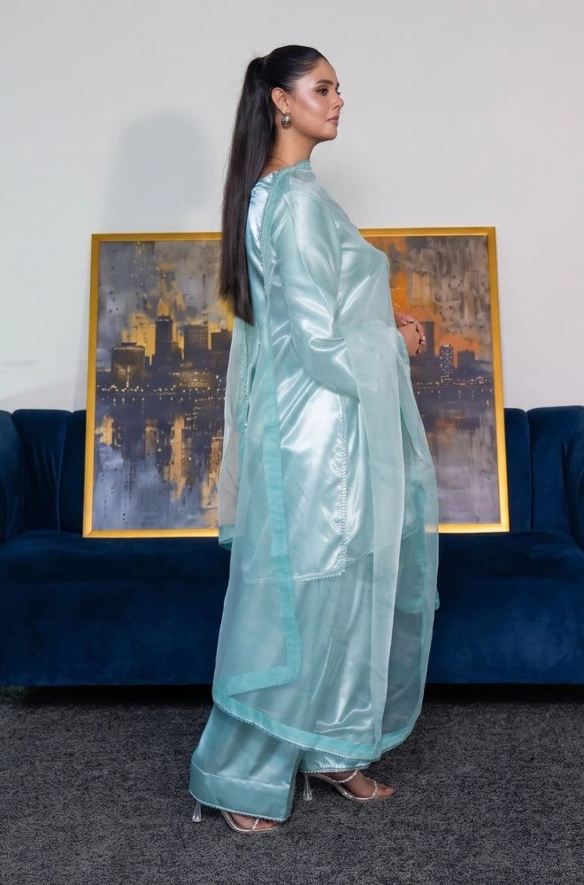 Faveza ready to wear raw silk suit for women in sky blue with matching dupatta.