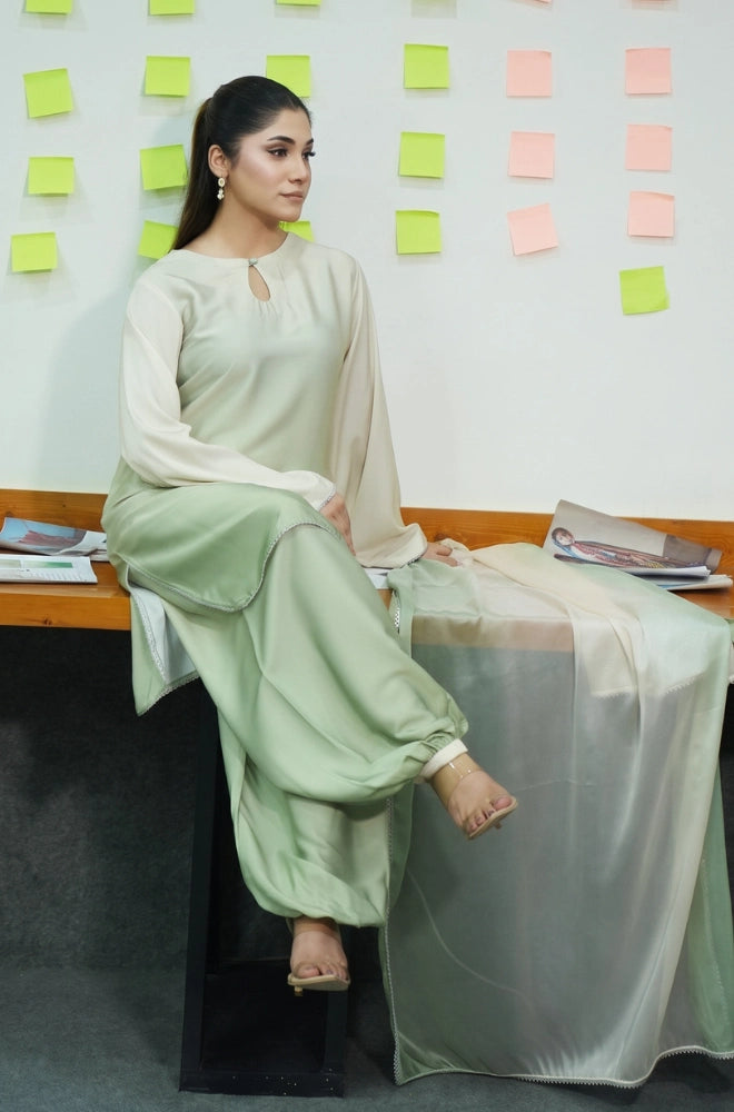 Faveza CELESTE 3 piece silk suit for women with elegant dupatta and balloon shalwar